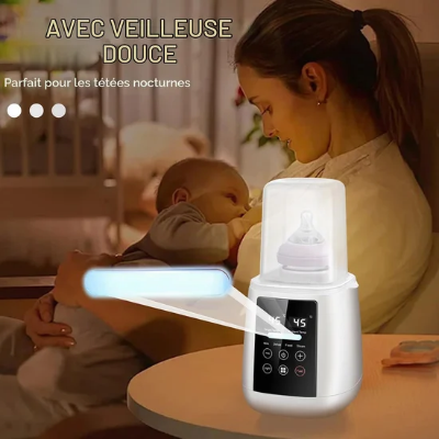 A woman breastfeeding her baby next to a white mutualdropshopping bottle warmer with a digital display.
