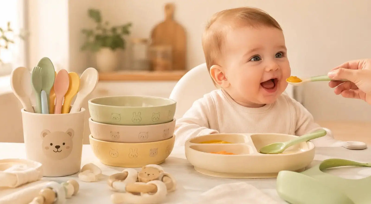 Bébé souriant avec des accessoires de repas Bébé Fourchette