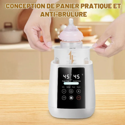 Hands lifting the white anti-scald basket of a mutualdropshopping precision baby bottle warmer.