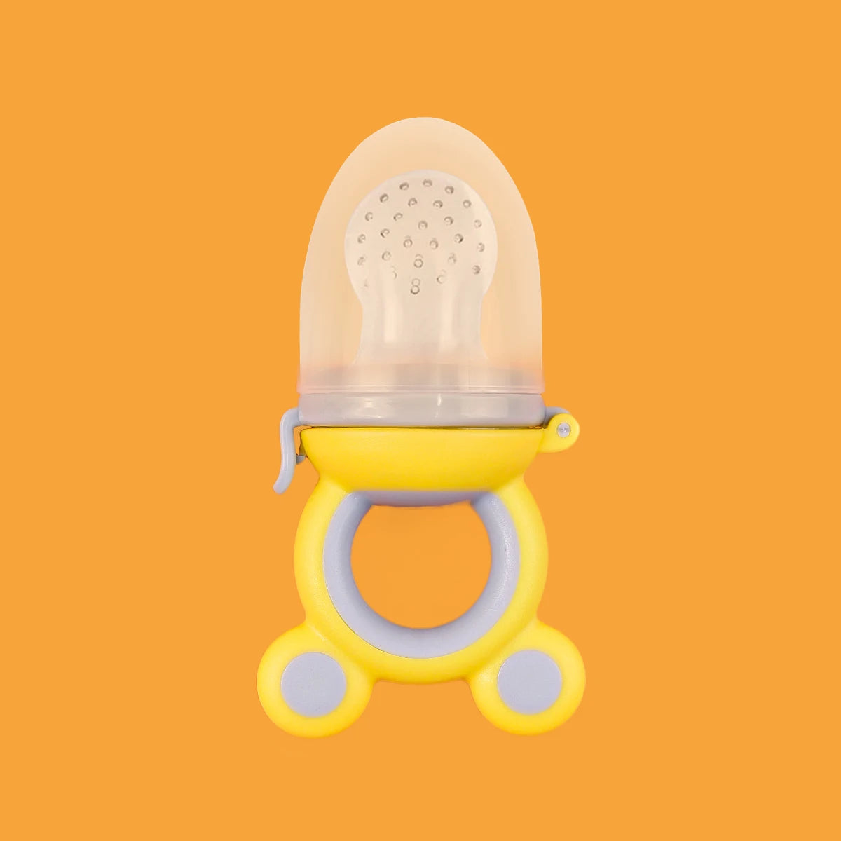 TétineSaveur Trio™ yellow and grey silicone fruit feeder and teething ring for babies.