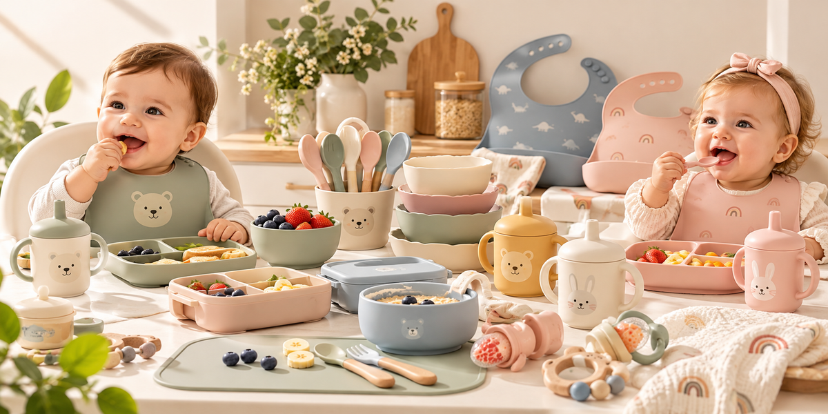 Accessoires de repas pour bébé : assiettes, bols, bavoirs, tasses et cuillères aux couleurs pastel pour filles et garçons.